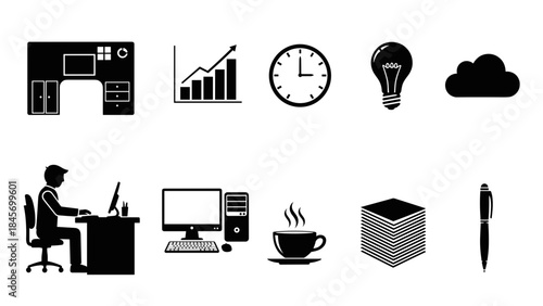 Business and office icon set featuring desk, computer, clock, lightbulb, and cloud symbols