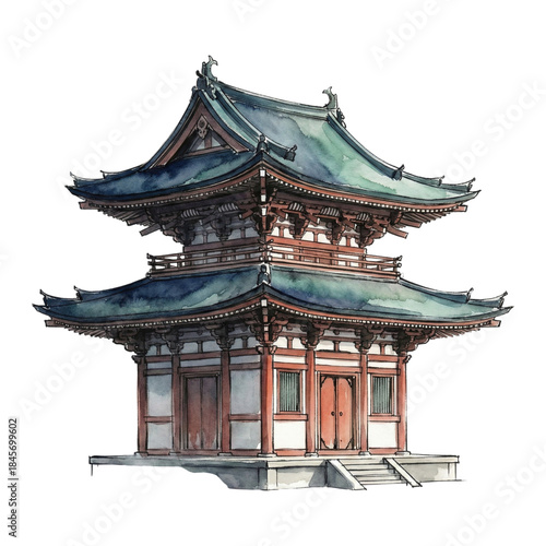 A traditional asian pagoda with a green roof and red accents isolated on white background