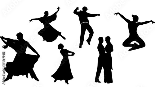 Set of diverse dance couple and solo dancer silhouettes for ballroom and modern dance concepts