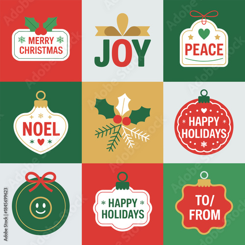 Colorful holiday square icon pack featuring gift candy cookie chocolate marshmallow Christmas sweets flat vector illustration