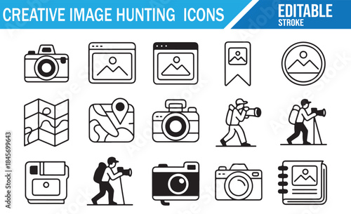 Vector line illustrations of a photographer's journey and equipment.