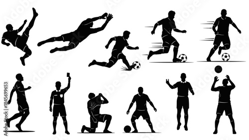 Set of soccer player silhouettes kicking, diving goalkeeper, running, referee with card, celebrating