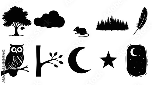 Collection of black silhouette icons representing nighttime nature elements tree, cloud, mouse, forest, feather, owl, branch, moon, star, night sky
