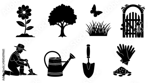 Gardening tools and elements silhouettes farmer, flower, tree, butterfly, gate, and watering can