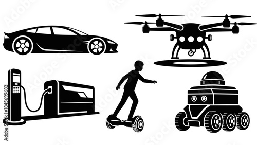 Set of modern transportation and technology icons electric car, charging station, drone, hoverboard rider, and ground robot vector silhouettes