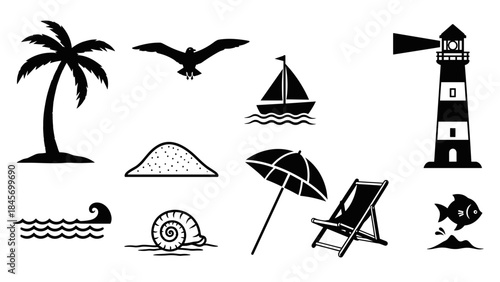 Assortment of black silhouette icons for summer and beach vacation palm tree, seagull, sailboat, lighthouse, wave, sand dune, seashell, umbrella, beach chair, fish