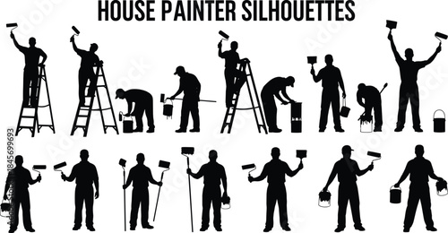 House painter silhouettes showing professional workers painting walls using rollers ladders and buckets isolated on white background vector illustration set