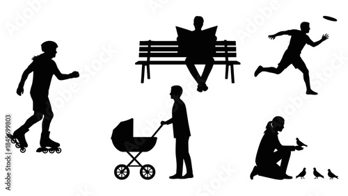 Silhouettes of people engaged in various outdoor activities in a park or city setting
