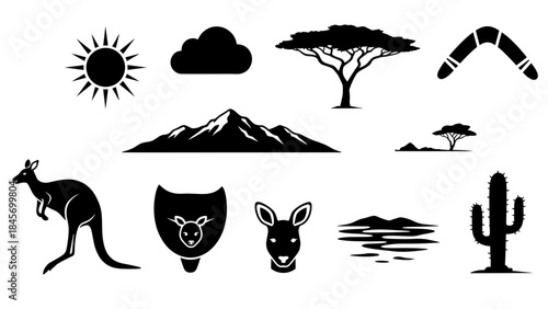 Collection of australian themed icons and silhouettes kangaroo, boomerang, outback trees, cactus, sun, mountain