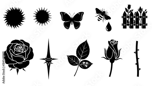 Set of black silhouette icons rose, sun, butterfly, bee, fence, thorns, and leaves