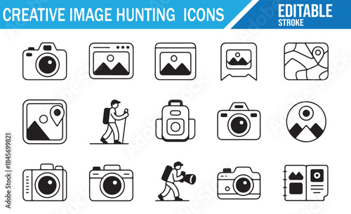 Photographer and camera gear linear icons collection.