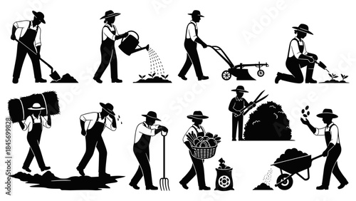 Set of farmer and gardening activity silhouettes