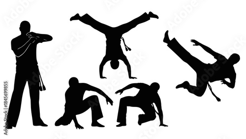 Collection of capoeira dance and martial arts silhouettes dynamic poses and movements of afrobrazilian fighting style