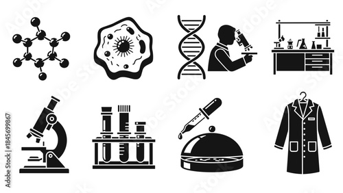 Set of science and laboratory icons molecule, cell, dna helix, scientist, lab bench, microscope, test tubes, dropper, lab coat