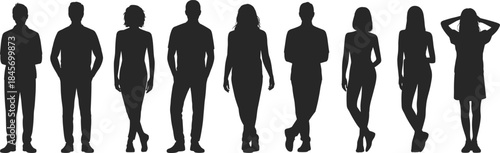 Diverse group of people silhouettes standing casually together isolated on white background studio