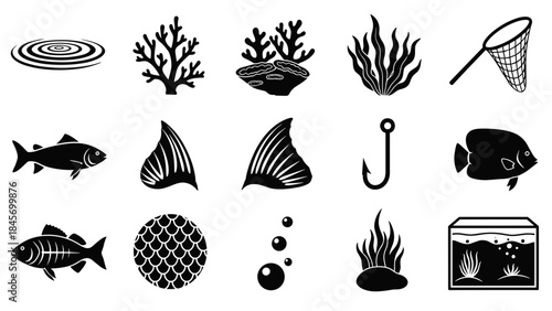 Aquarium and fishing related icons and elements in silhouette style