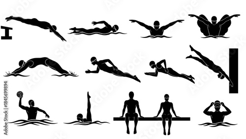Collection of silhouettes representing various swimming and water polo activities