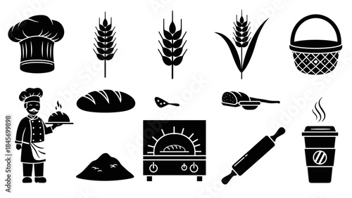 Baking and pastry icons chef hat, wheat stalks, bread loaf, baker, oven, rolling pin, coffee cup