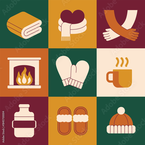Cozy winter comfort icon grid set with scarf mittens fireplace mug blanket slippers hat warming essentials flat vector illustration