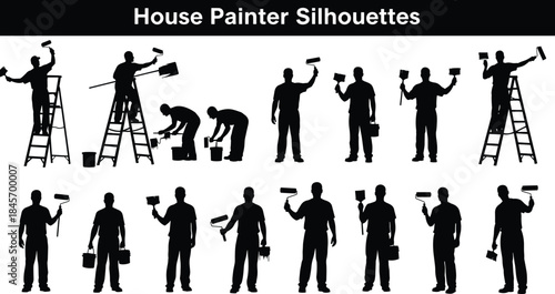 House painter silhouettes showing professional workers using rollers ladders and buckets for home renovation isolated on white background vector illustration