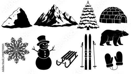 Winter and arctic elements silhouettes mountains, igloo, snowman, bear, skis