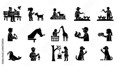Collection of black silhouette icons showing people interacting with animals and farm life