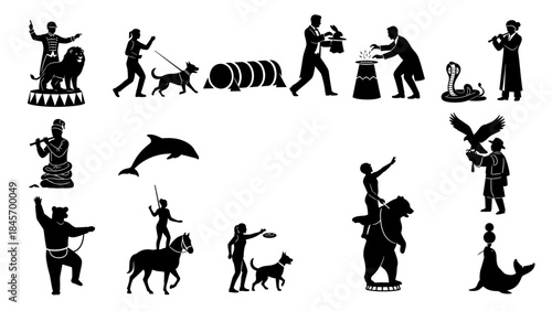 Silhouettes of circus performers with animals and props for entertainment acts