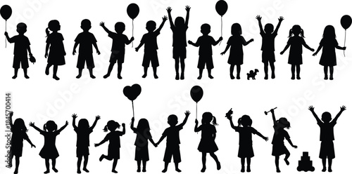 Happy children silhouettes playing with balloons celebrating childhood joy isolated on white background cute playful vector illustration set collection design