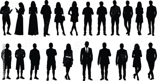 Large collection of diverse men and women silhouettes in casual and business poses isolated on white background vector illustration design