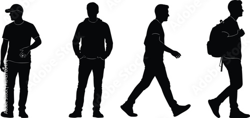 Male walking silhouettes collection showing casual standing and moving poses isolated on white background modern vector illustration set