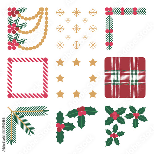 Festive Christmas frame and corner decoration illustration set with pine branches stars ribbons plaid borders flat vector design