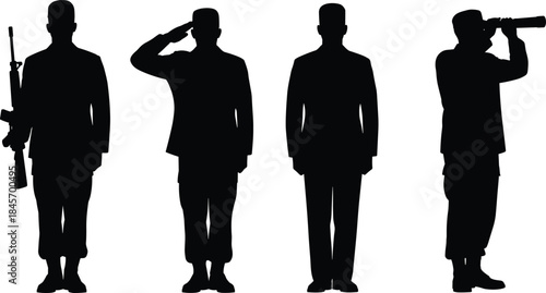 Military soldier silhouettes standing saluting holding rifle and binoculars representing defense security patrol isolated on white background vector illustration