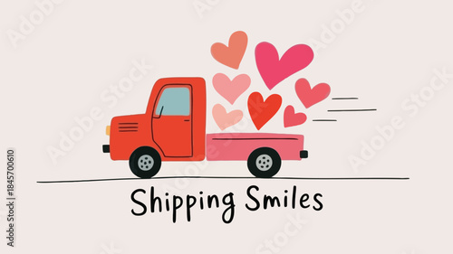 Minimalist heart truck shipping smiles with colorful hearts in the back on a soft background