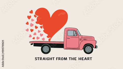 Vintage flatbed truck with hearts spilling out, romantic valentine's day illustration with pink vehicle and large red heart