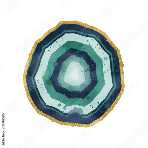A stunning green and blue agate slice with a golden edge isolated on white background