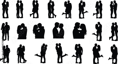 Romantic couple silhouettes kissing hugging and embracing in love poses isolated on white background for relationship romance vector illustration design