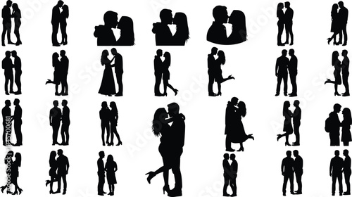 Romantic couples silhouettes collection showing kissing hugging and loving poses expressing passion intimacy and relationships isolated on white background vector illustration