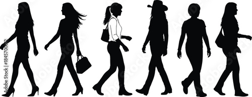 Stylish women silhouettes walking in different outfits and poses representing fashion lifestyle movement isolated on white background vector illustration