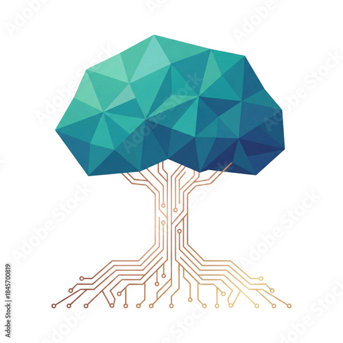 A stylized polygonal tree with circuit board roots on white background