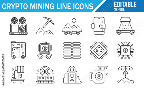 Blockchain network and bitcoin server rack thin line icons.