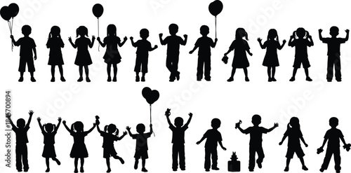 Set of happy children silhouettes with balloons and playful poses celebrating childhood joy isolated on white background vector illustration