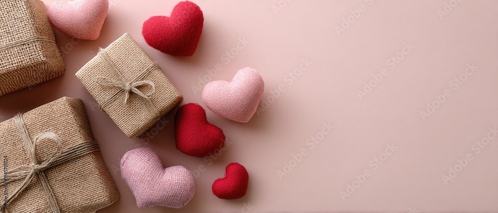 Fototapeta premium Charming valentines day flat lay with gift boxes and heart decorations on a pink table for a minimal design concept