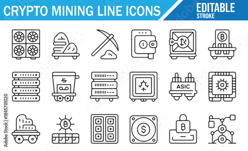 Bitcoin and blockchain technology vector outline symbols collection.