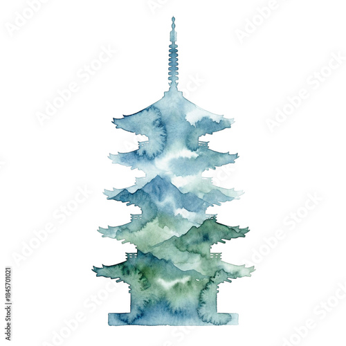 Watercolor illustration of a blue and green pine tree isolated on white background with a spiky top