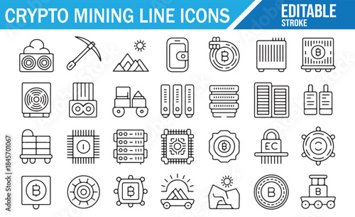 Cryptocurrency mining infrastructure line icon set with editable strokes.