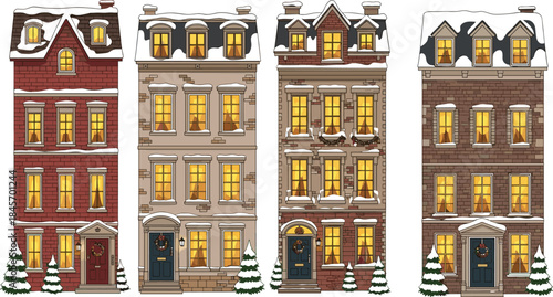 Winter town building facades illustration featuring snowy vintage houses with glowing windows festive decorations isolated on white background vector design