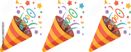 Set of colorful party poppers, confetti cones, streamers, stars, celebration, festive event graphic illustration vector