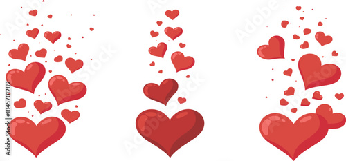 Set of floating red hearts, rising love, affection, emotion, romantic chat reaction, Valentine's Day graphic vector