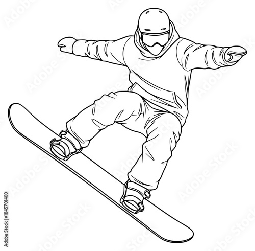 A snowboarder in mid-air, performing a trick on a snowboard, illustration, jump, man, ride, snowboard, snowboarder, trick, against transparent background