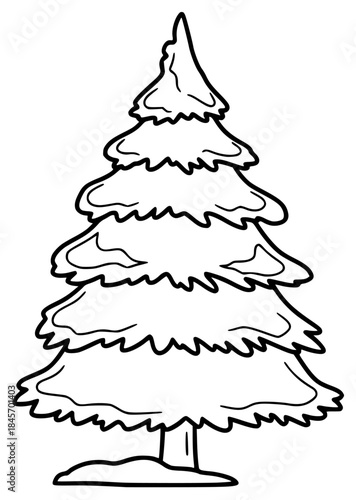 A black and white outline drawing of a christmas tree, christmas tree, draw, drawing, fir tree, illustration, pine, spruce, tree, against transparent background